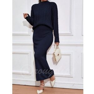 2 Piece Knit Skirt Set Navy Blue Long Skirt & Cable Knit Sweater